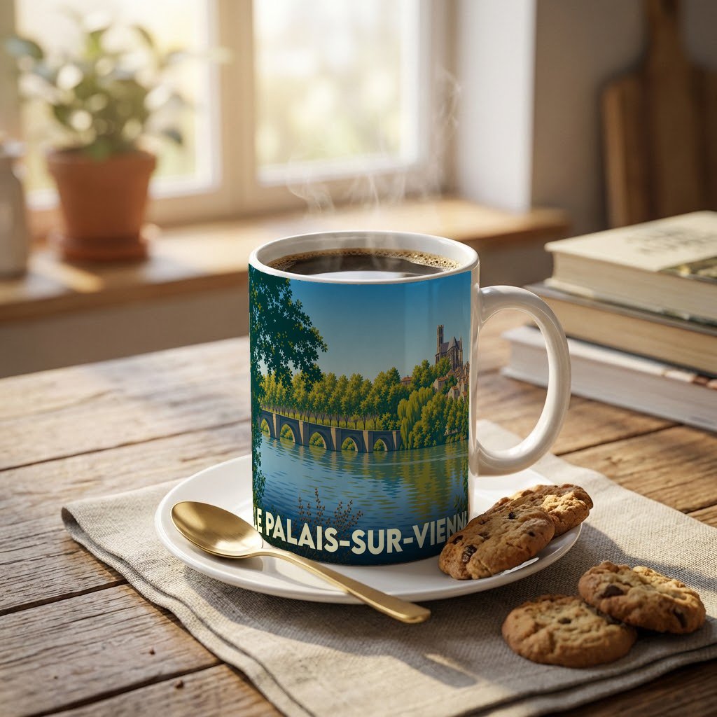 Mug souvenir de la ville de Le Palais-sur-Vienne avec une illustration stylisée d'un pont et d'un fleuve.