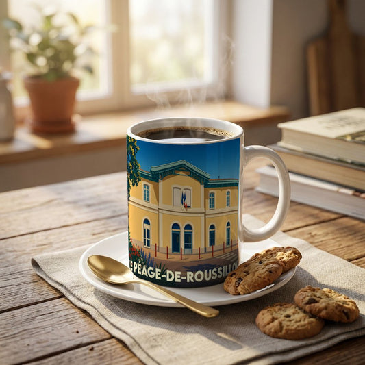 Mug souvenir de la ville de Le Péage-de-Roussillon avec une illustration stylisée de son architecture.