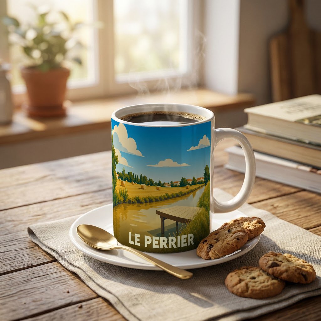 Mug souvenir de la ville de Le Perrier avec une illustration bucolique d'un paysage de marais.