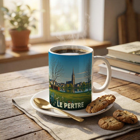 Mug souvenir de la commune de Le Pertre orné d'une illustration paysagère stylisée.