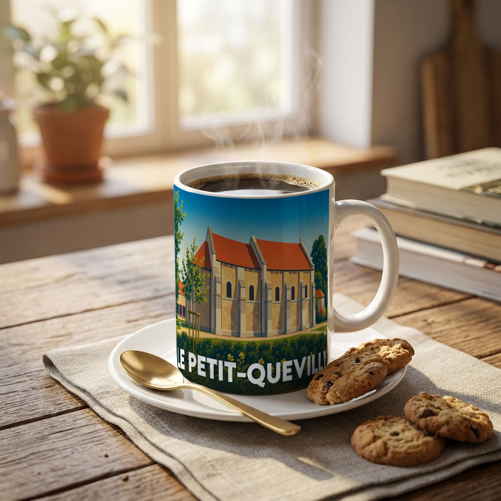 Mug souvenir de la ville du Petit-Quevilly avec une illustration stylisée de sa chapelle historique.