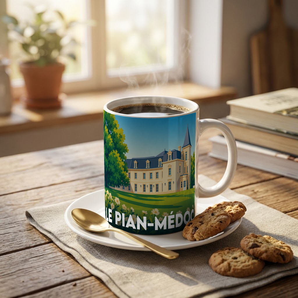 Mug souvenir de la ville de Le Pian-Médoc avec une illustration stylisée d'un château.