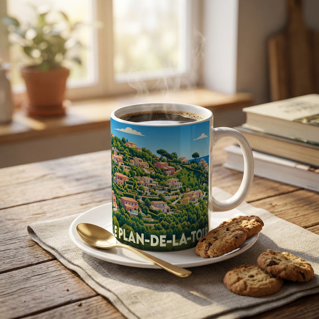Mug souvenir de la ville de Le Plan-de-la-Tour orné d'une illustration colorée de ses collines résidentielles.