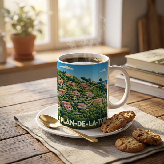 Mug souvenir de la ville de Le Plan-de-la-Tour orné d'une illustration colorée de ses collines résidentielles.