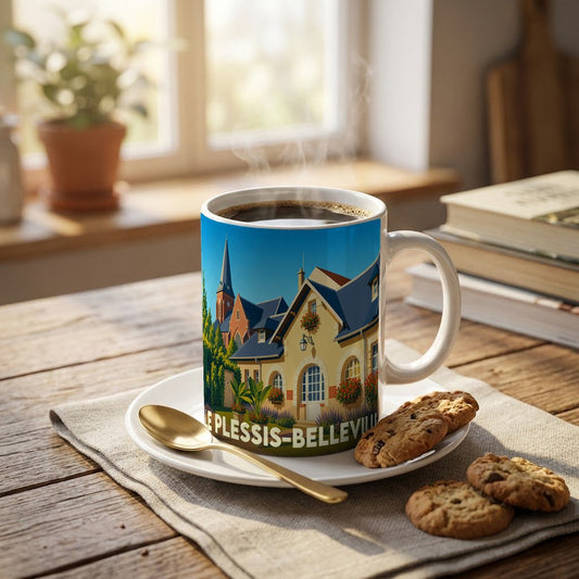 Mug souvenir de la ville de Le Plessis-Belleville avec une illustration stylisée.