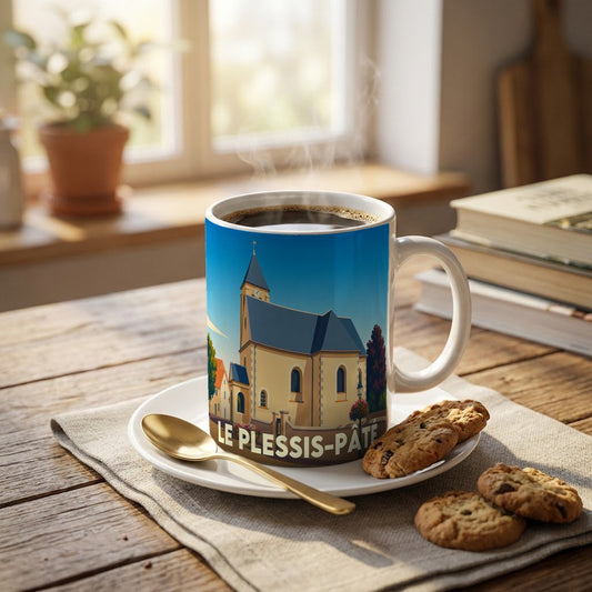 Mug souvenir de la ville de Le Plessis-Pâté orné d'une illustration stylisée de son église.