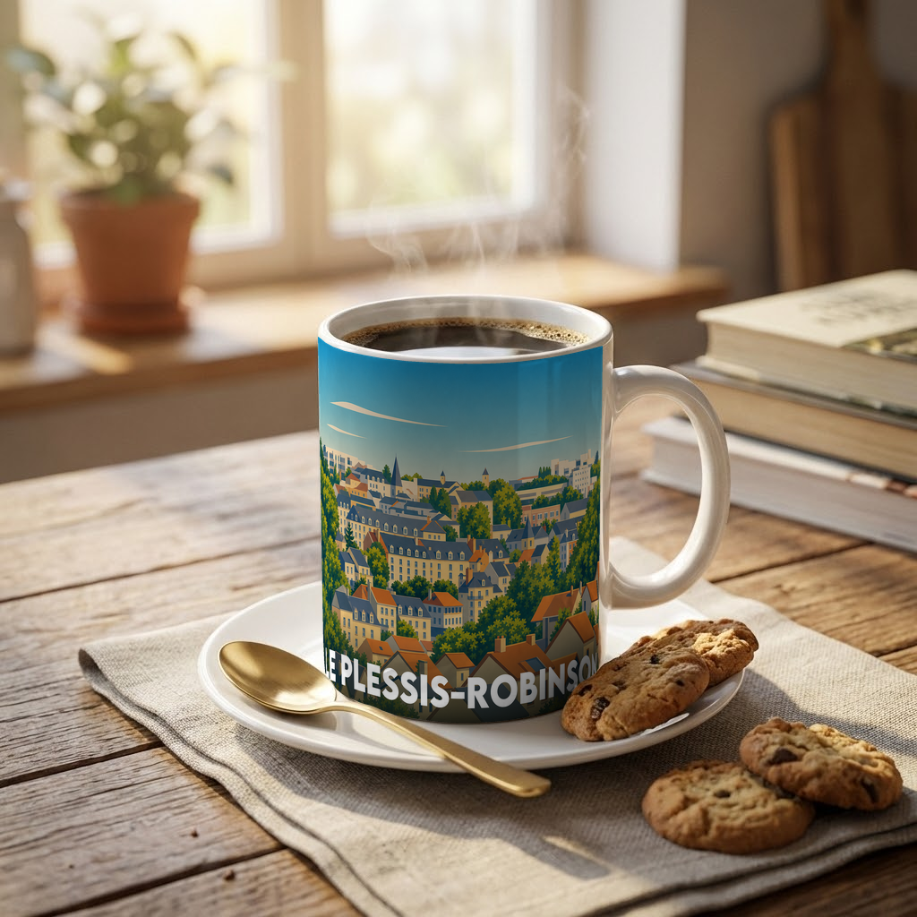 Mug souvenir de la ville de Le Plessis-Robinson avec une illustration stylisée.