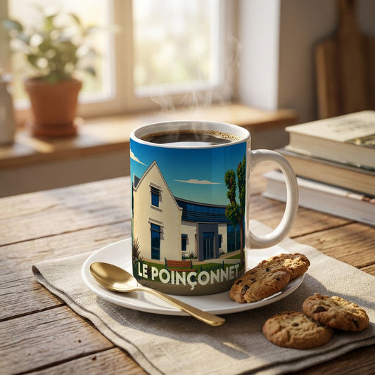 Mug souvenir de la ville de Le Poinçonnet avec une illustration stylisée d'un bâtiment local.