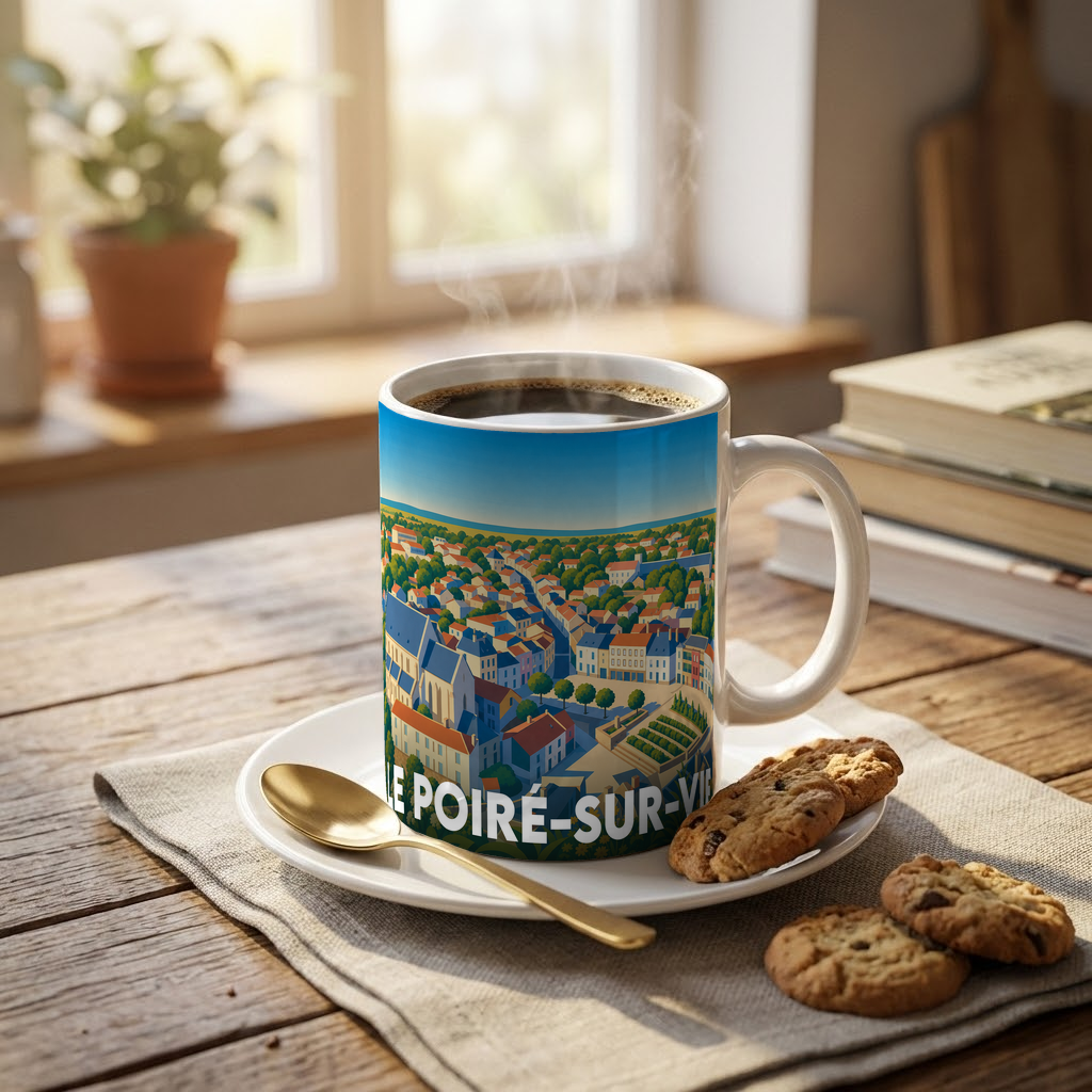 Mug souvenir de la ville du Poiré-sur-Vie avec une illustration stylisée et colorée.