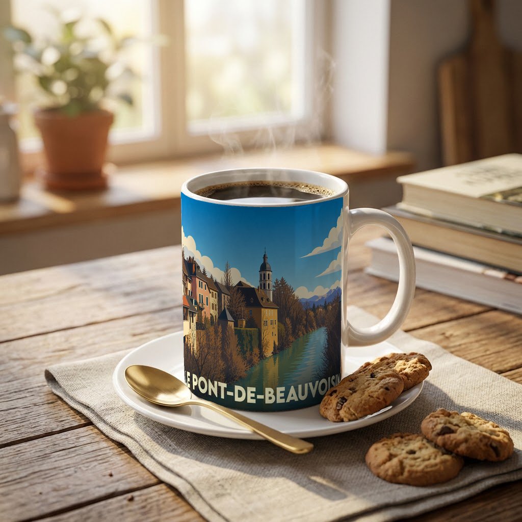 Mug souvenir de la ville de Le Pont-de-Beauvoisin orné d'une illustration stylisée de son paysage fluvial.