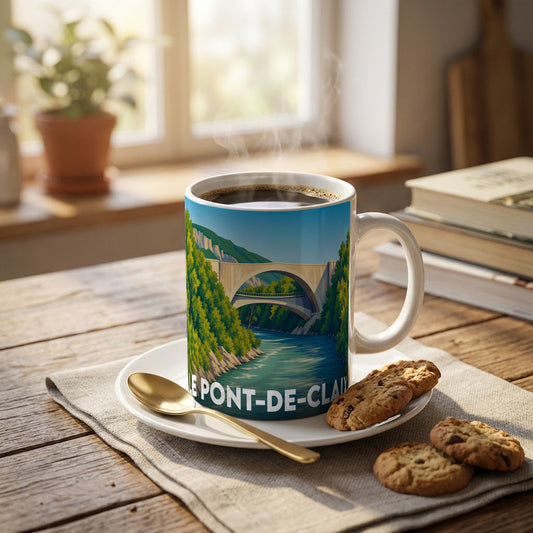 Mug souvenir de la ville de Le Pont-de-Claix avec une illustration stylisée de son célèbre pont.