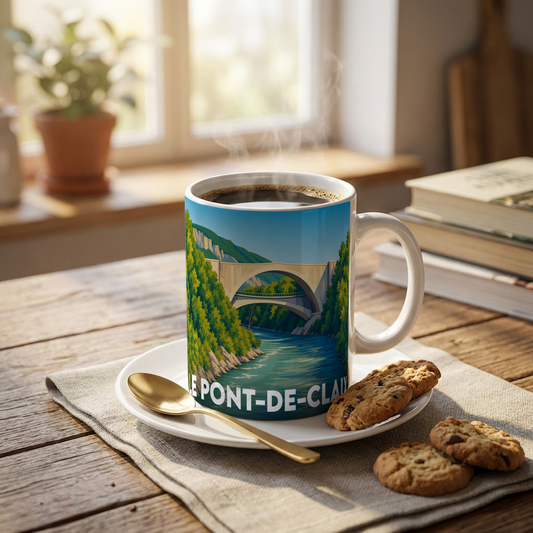 Mug souvenir de la ville de Le Pont-de-Claix avec une illustration stylisée de son célèbre pont.
