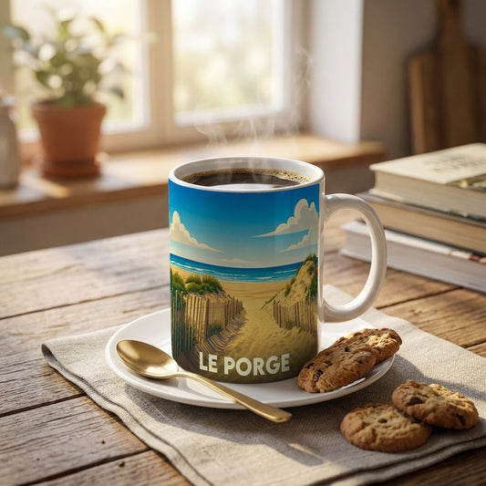 Mug souvenir de la ville de Le Porge illustré d'un paysage de dunes et de plage stylisé.