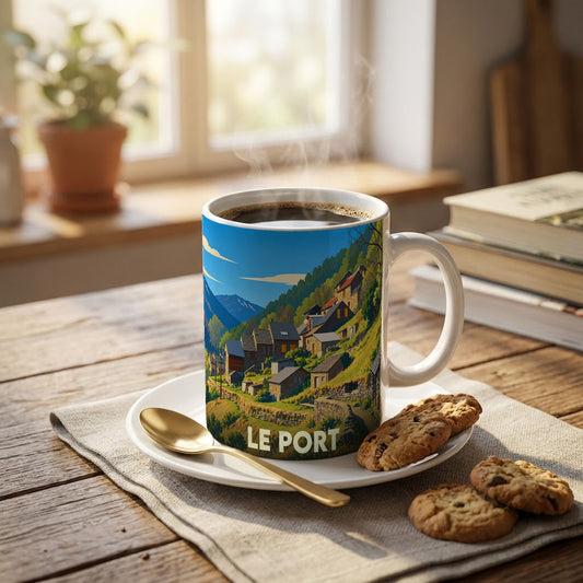 Mug souvenir de la ville de Le Port avec une illustration stylisée d'un village de montagne.