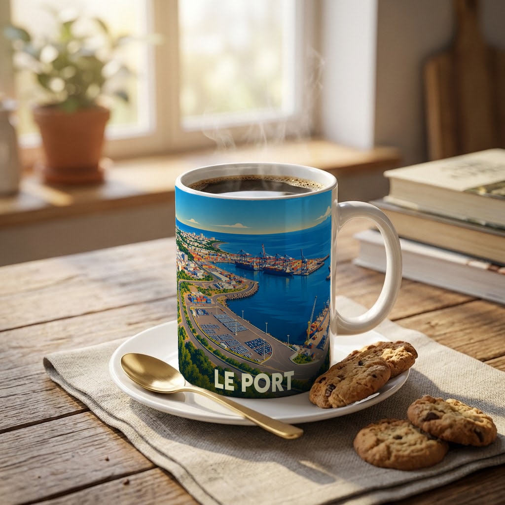 Mug souvenir de la ville de Le Port avec une illustration stylisée de sa zone portuaire.