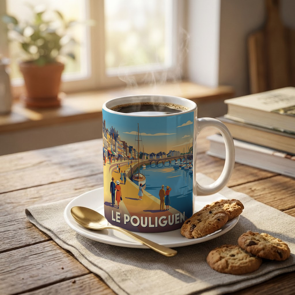 Mug souvenir de la ville du Pouliguen avec une illustration stylisée.