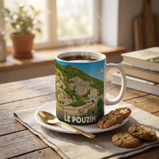 Mug souvenir de la ville du Pouzin avec une illustration stylisée de son paysage et de son pont.