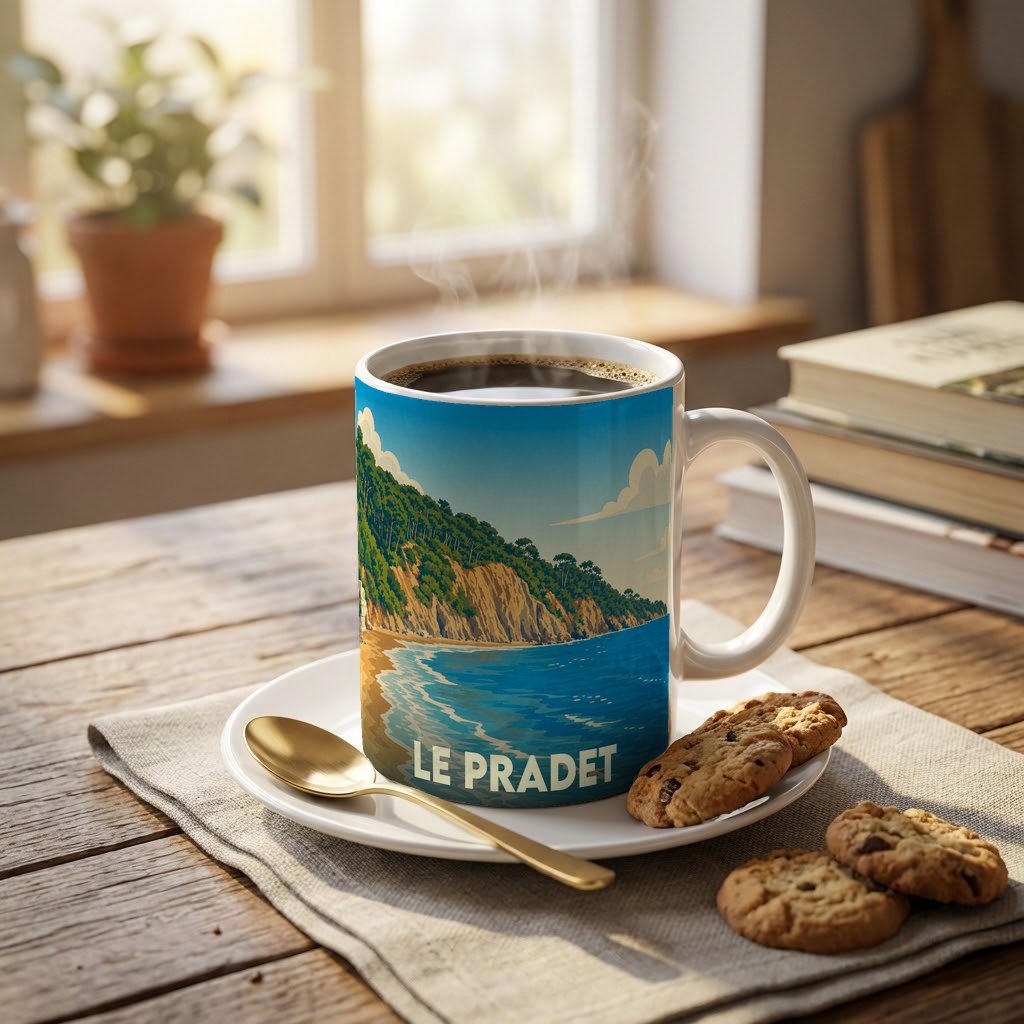 Mug souvenir de la ville du Pradet illustrant une côte méditerranéenne ensoleillée.