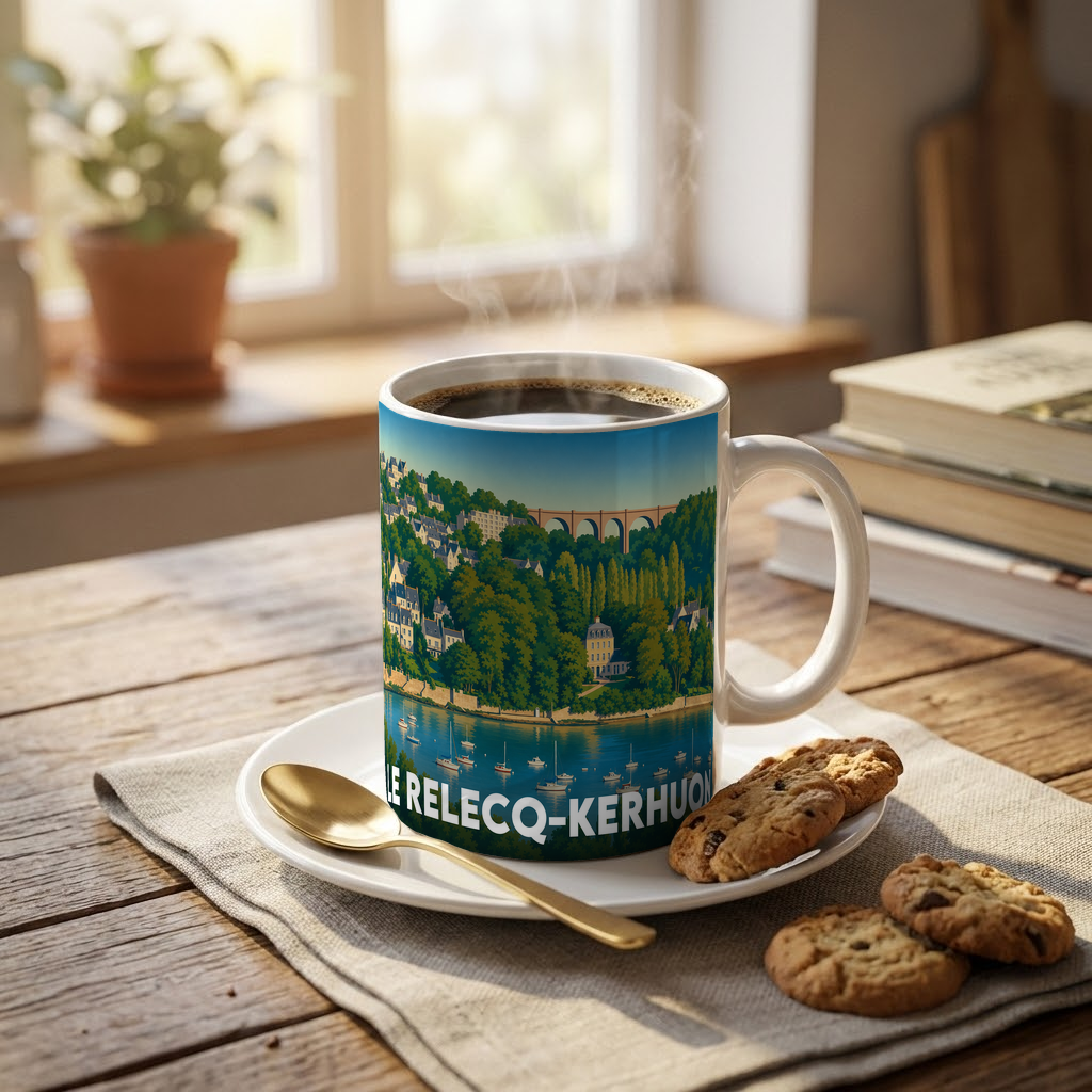 Mug souvenir de la ville de Le Relecq-Kerhuon avec une illustration stylisée.