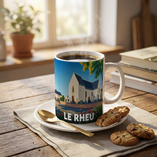 Mug souvenir de la ville de Le Rheu avec une illustration stylisée d'une église bretonne.