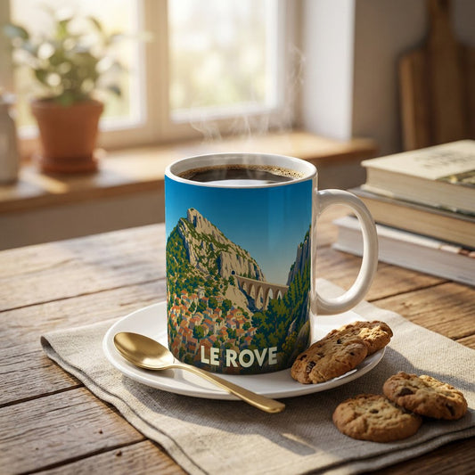 Mug souvenir de la ville de Le Rove avec une illustration stylisée d'un paysage montagneux et de son viaduc.