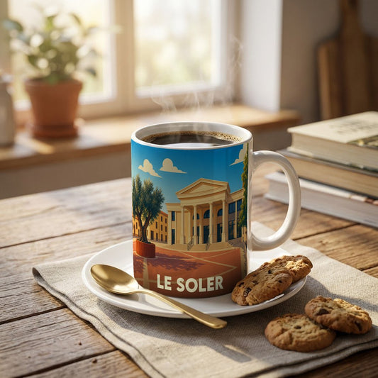 Mug souvenir de la ville de Le Soler avec une illustration stylisée d'un bâtiment néoclassique.