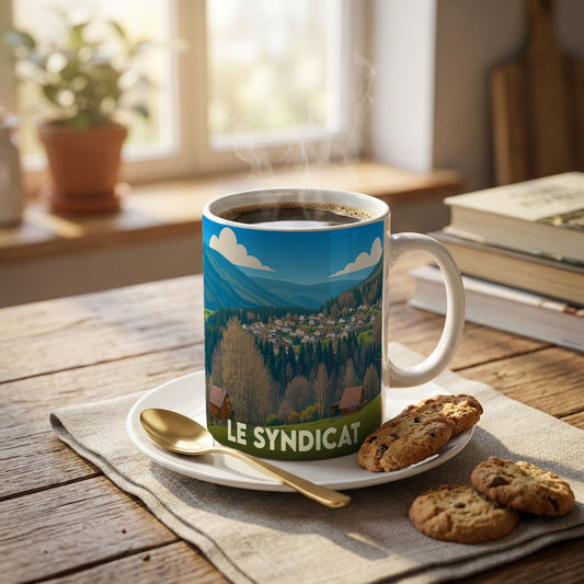 Mug souvenir de la ville de Le Syndicat orné d'une illustration paysagère stylisée.