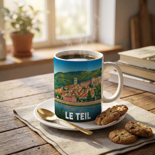 Mug souvenir de la ville de Le Teil avec une illustration stylisée d'un paysage urbain au bord de l'eau.
