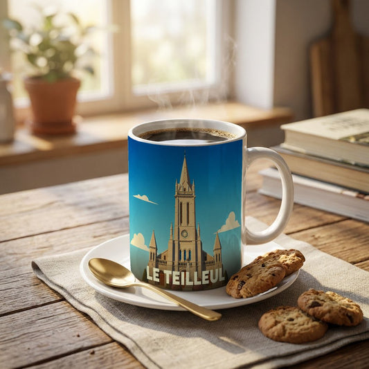 Mug souvenir de la ville de Le Teilleul avec une illustration stylisée de son église.