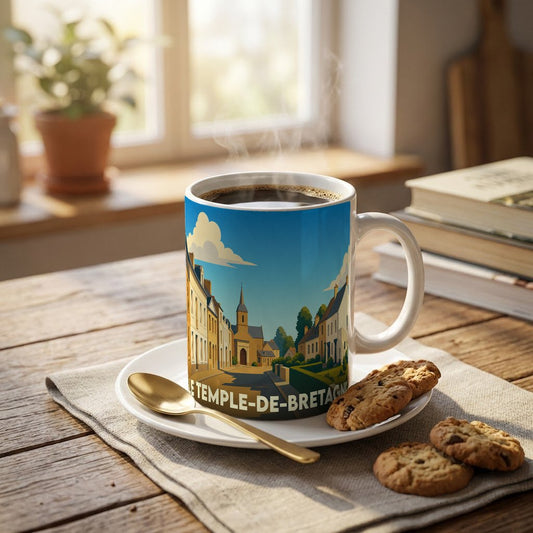 Mug souvenir de la ville de Le Temple-de-Bretagne avec une illustration stylisée.