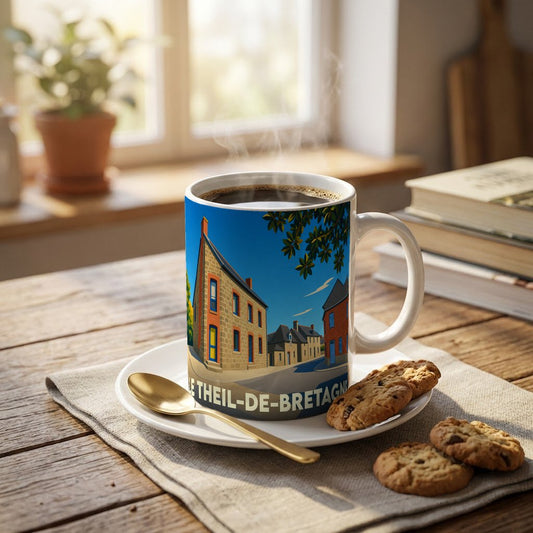Mug souvenir de la ville de Le Theil-de-Bretagne orné d'une illustration stylisée de ses bâtiments traditionnels.