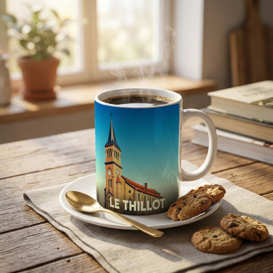 Mug souvenir de la ville de Le Thillot avec une illustration stylisée de son église.