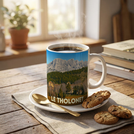 Mug souvenir de la ville du Tholonet avec une illustration stylisée de la montagne Sainte-Victoire.