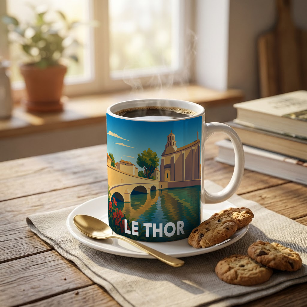 Mug souvenir de la ville de Le Thor avec une illustration stylisée d'un pont et de l'église au bord de l'eau.
