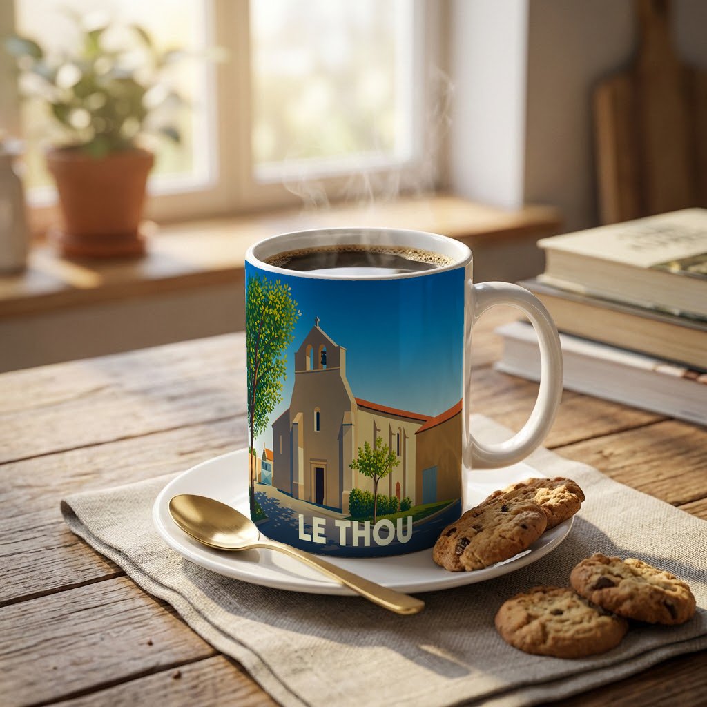 Mug souvenir de la ville de Le Thou illustré d'un dessin stylisé de son église.