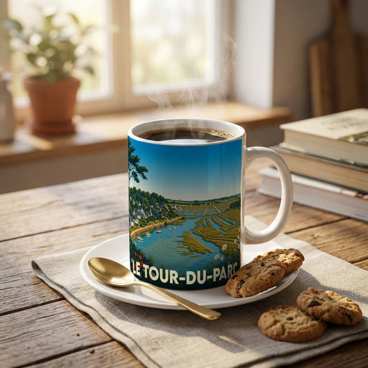 Mug souvenir de la ville de Le Tour-du-Parc avec une illustration stylisée de ses paysages côtiers.