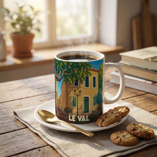 Mug souvenir de la ville de Le Val illustré d'une maison provençale typique sous un platane.