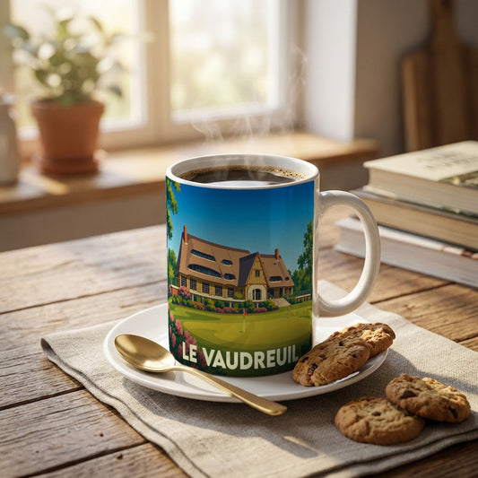 Mug souvenir de la ville du Vaudreuil illustré d'un paysage de golf avec son club-house.