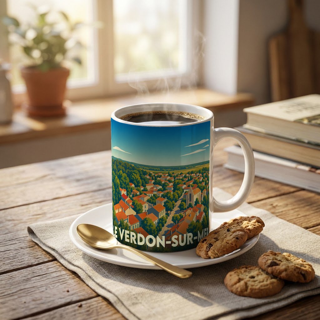 Mug souvenir de la ville du Verdon-sur-Mer avec une illustration stylisée et colorée.