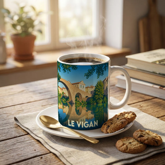 Mug souvenir de la ville de Le Vigan orné d'une illustration stylisée de son vieux pont.