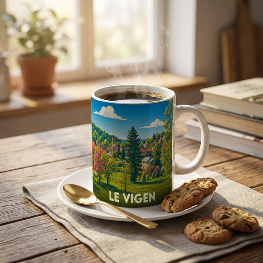 Mug souvenir de la ville de Le Vigen orné d'une illustration paysagère colorée.