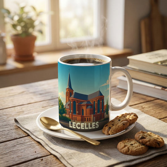 Mug souvenir de la ville de Lecelles orné d'une illustration stylisée de son église.
