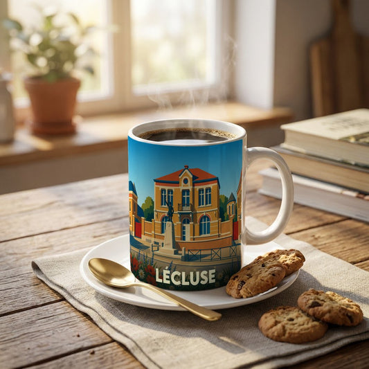 Mug souvenir de la ville de Lécluse avec une illustration colorée de son architecture.