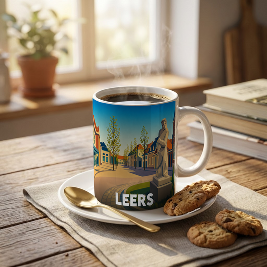 Mug souvenir de la ville de Leers avec une illustration stylisée d'une place et d'une statue.