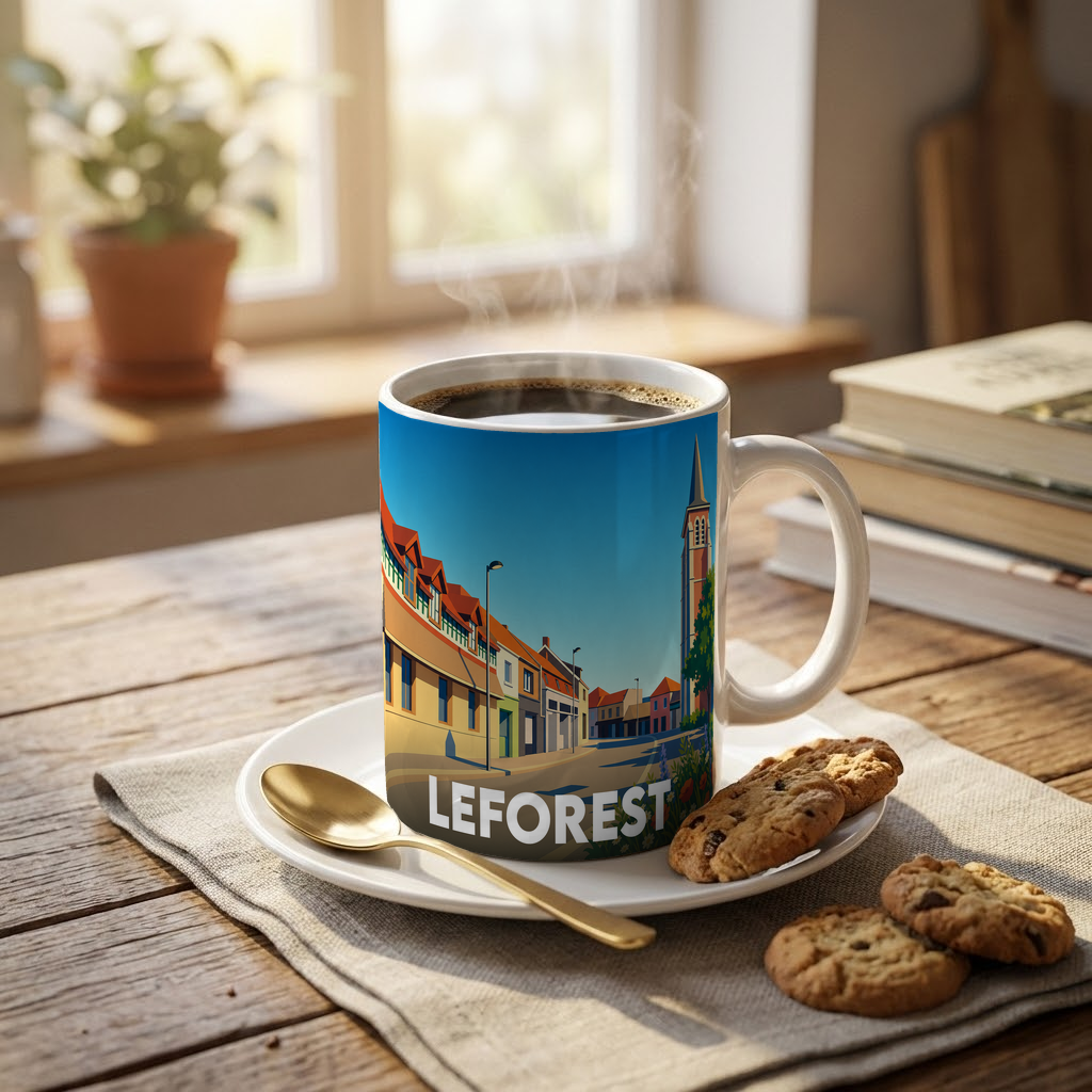 Mug souvenir de la ville de Leforest avec une illustration stylisée.