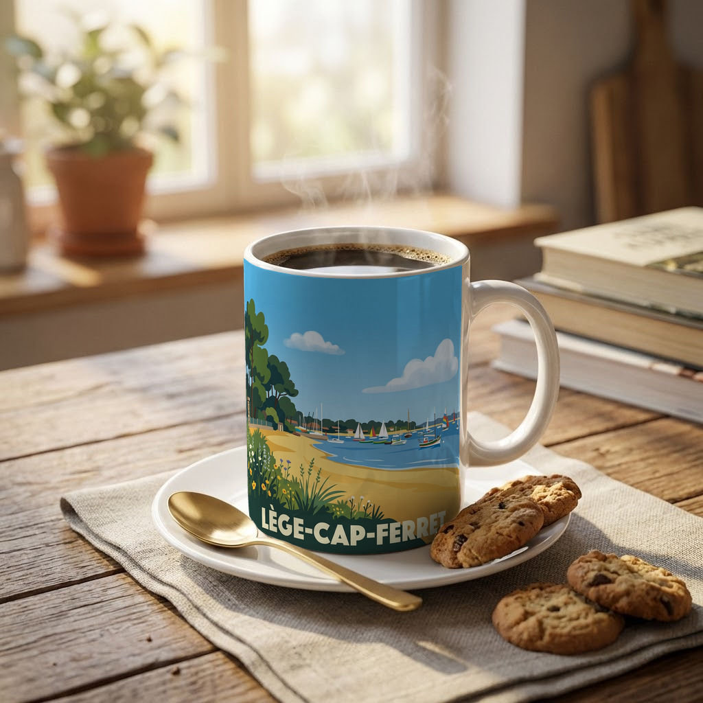 Mug souvenir de la ville de Lège-Cap-Ferret avec une illustration stylisée du littoral.