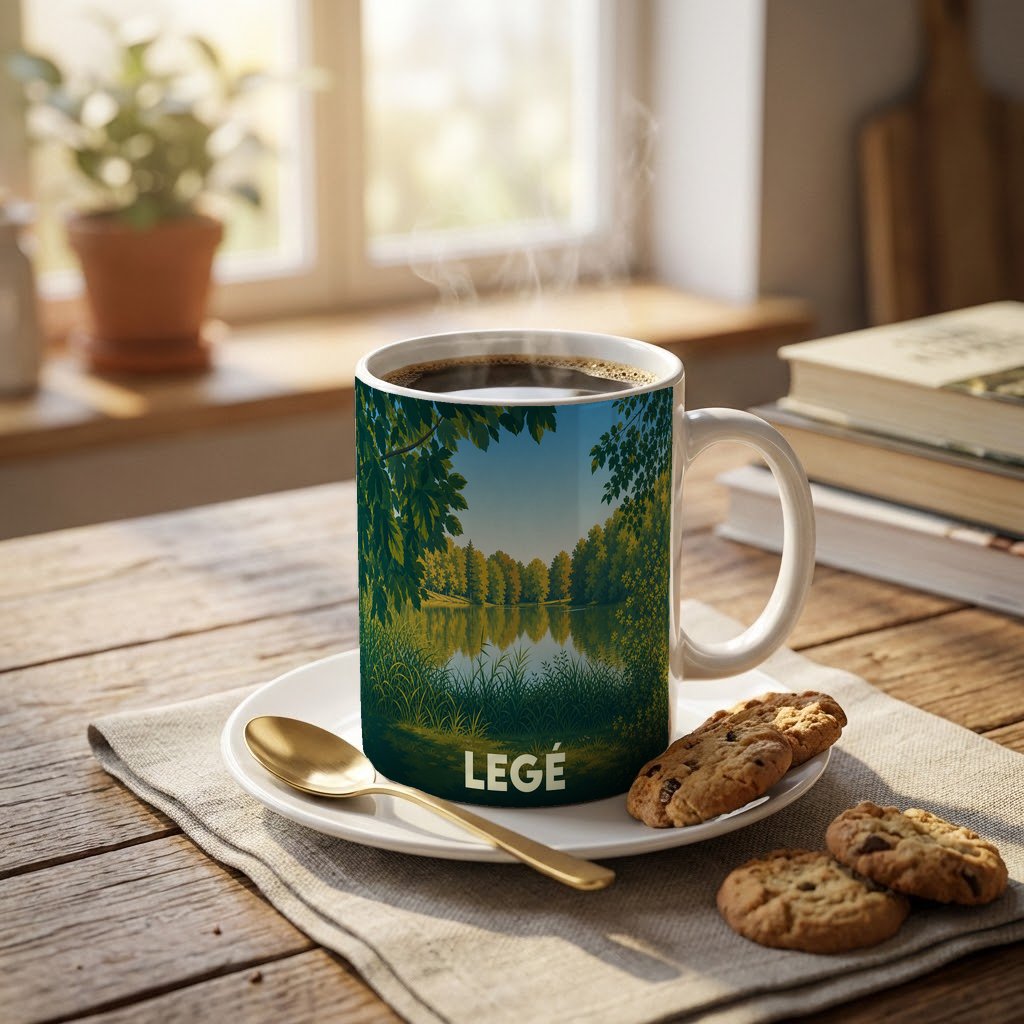 Mug souvenir de la ville de Legé orné d'une illustration bucolique d'un lac bordé de forêt.