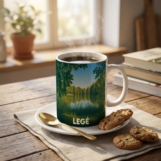 Mug souvenir de la ville de Legé orné d'une illustration bucolique d'un lac bordé de forêt.