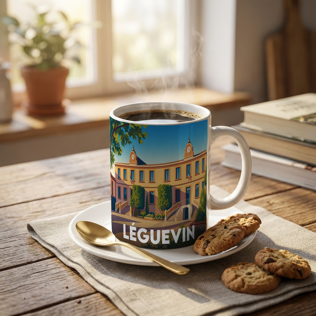 Mug souvenir de la ville de Léguevin avec une illustration colorée et stylisée de son architecture.