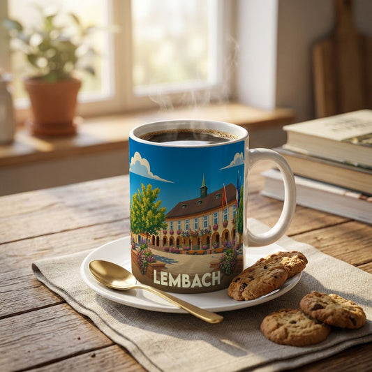 Mug souvenir de la ville de Lembach avec une illustration stylisée d'un bâtiment historique et de fleurs.